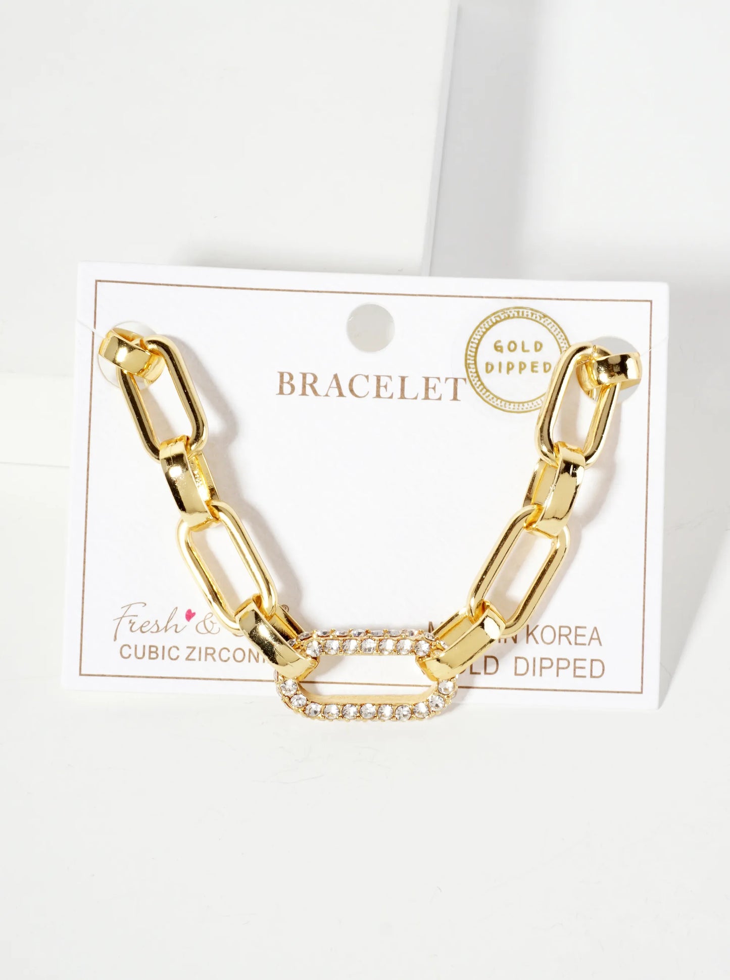 25mm CZ Stone Encrusted Link Accents 18K-Gold-Dipped Polished Brass Chain Bracelet