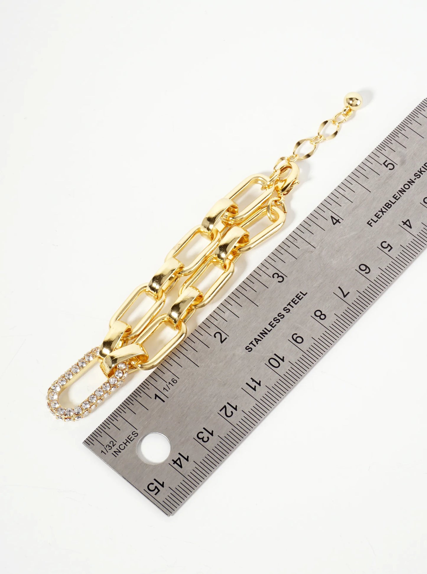 25mm CZ Stone Encrusted Link Accents 18K-Gold-Dipped Polished Brass Chain Bracelet