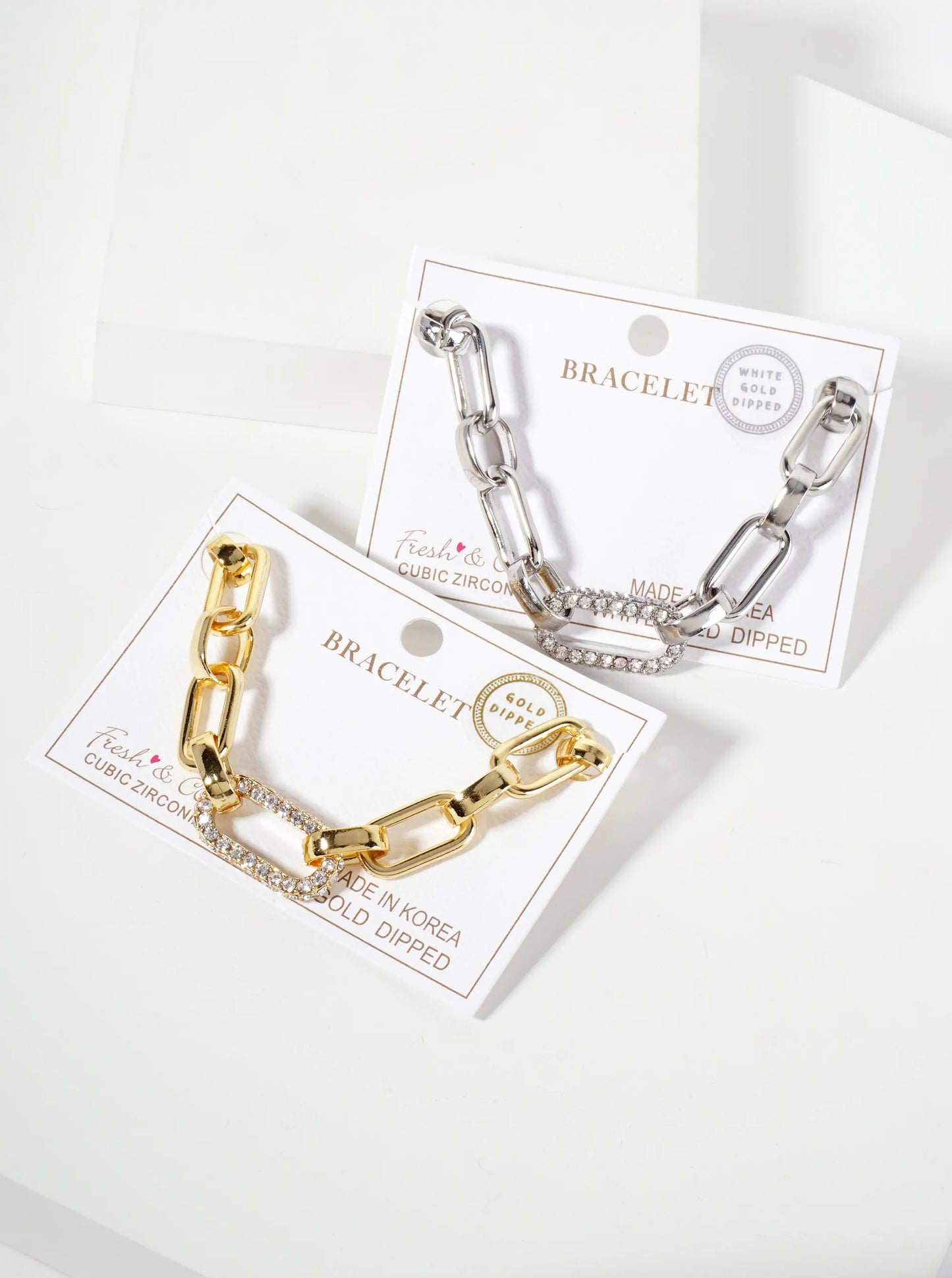 25mm CZ Stone Encrusted Link Accents 18K-Gold-Dipped Polished Brass Chain Bracelet
