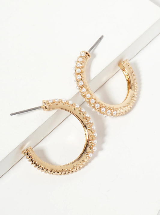 25mm Textured Half Pearl Accented Hoop Earrings