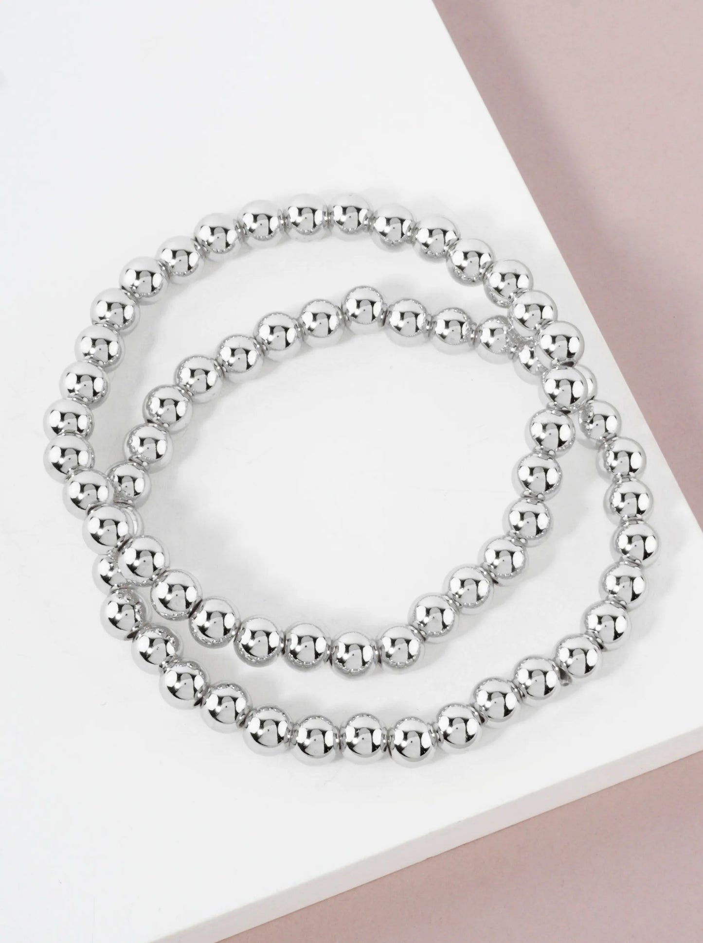 2PC-Set 6mm Stainless-Steel Ball-Beaded Stackable Stretch Bracelet