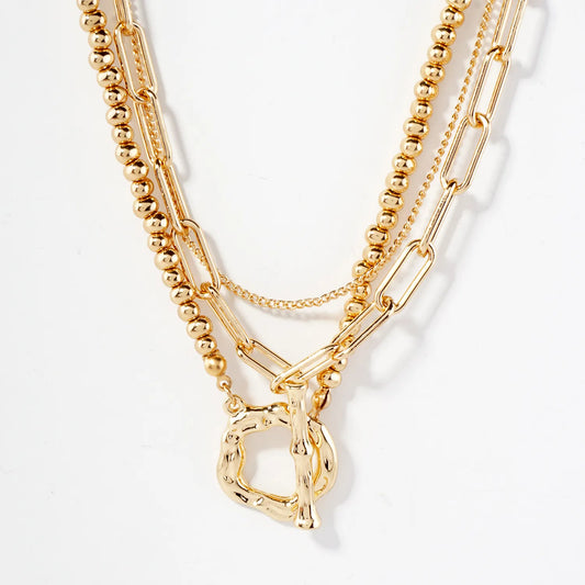 2PC-Set Toggle Closure Polished Metal Chain Layered Necklace