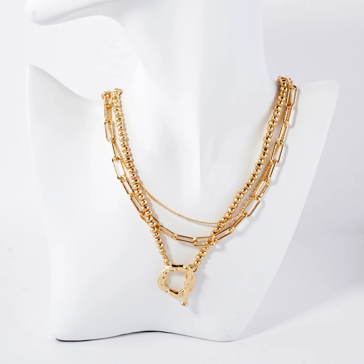 2PC-Set Toggle Closure Polished Metal Chain Layered Necklace