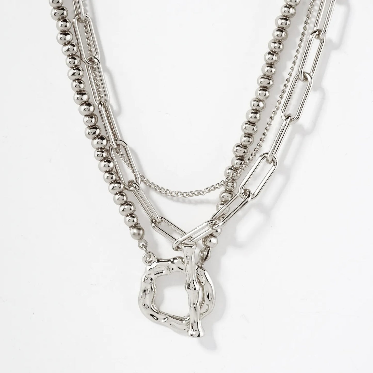 2PC-Set Toggle Closure Polished Metal Chain Layered Necklace