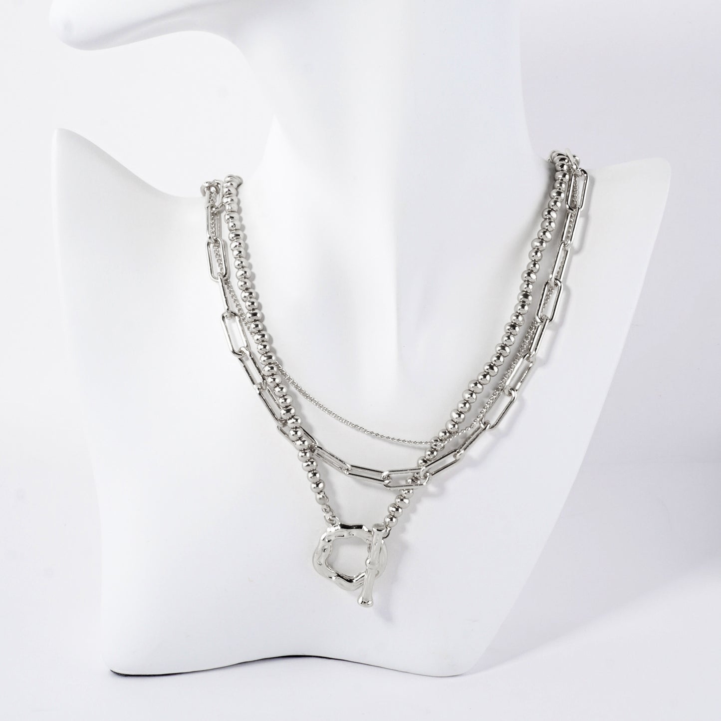 2PC-Set Toggle Closure Polished Metal Chain Layered Necklace