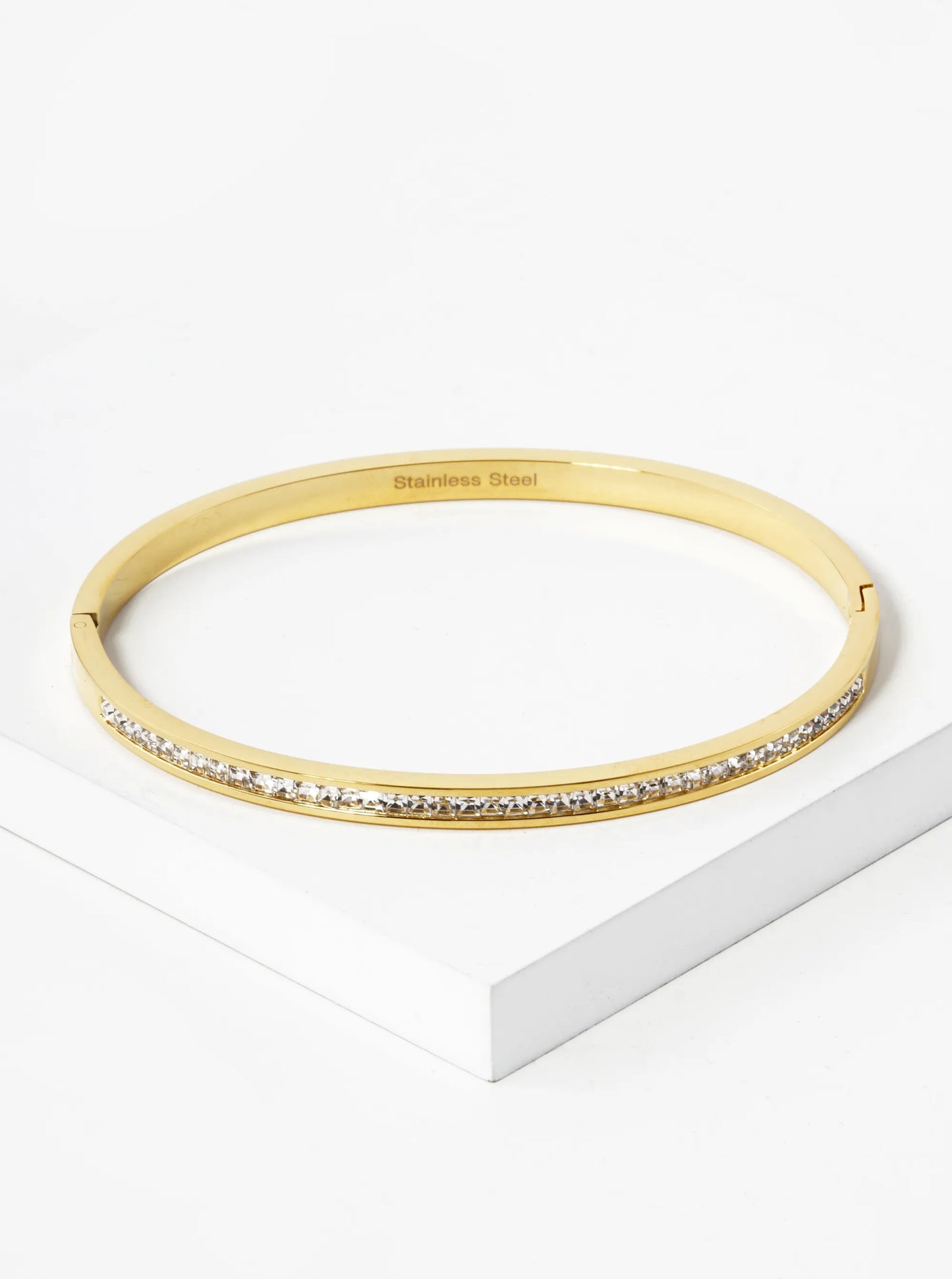 2mm Pave Set Square Cubic Zirconia 4mm Thick Stainless Steel Open Bangle Bracelet