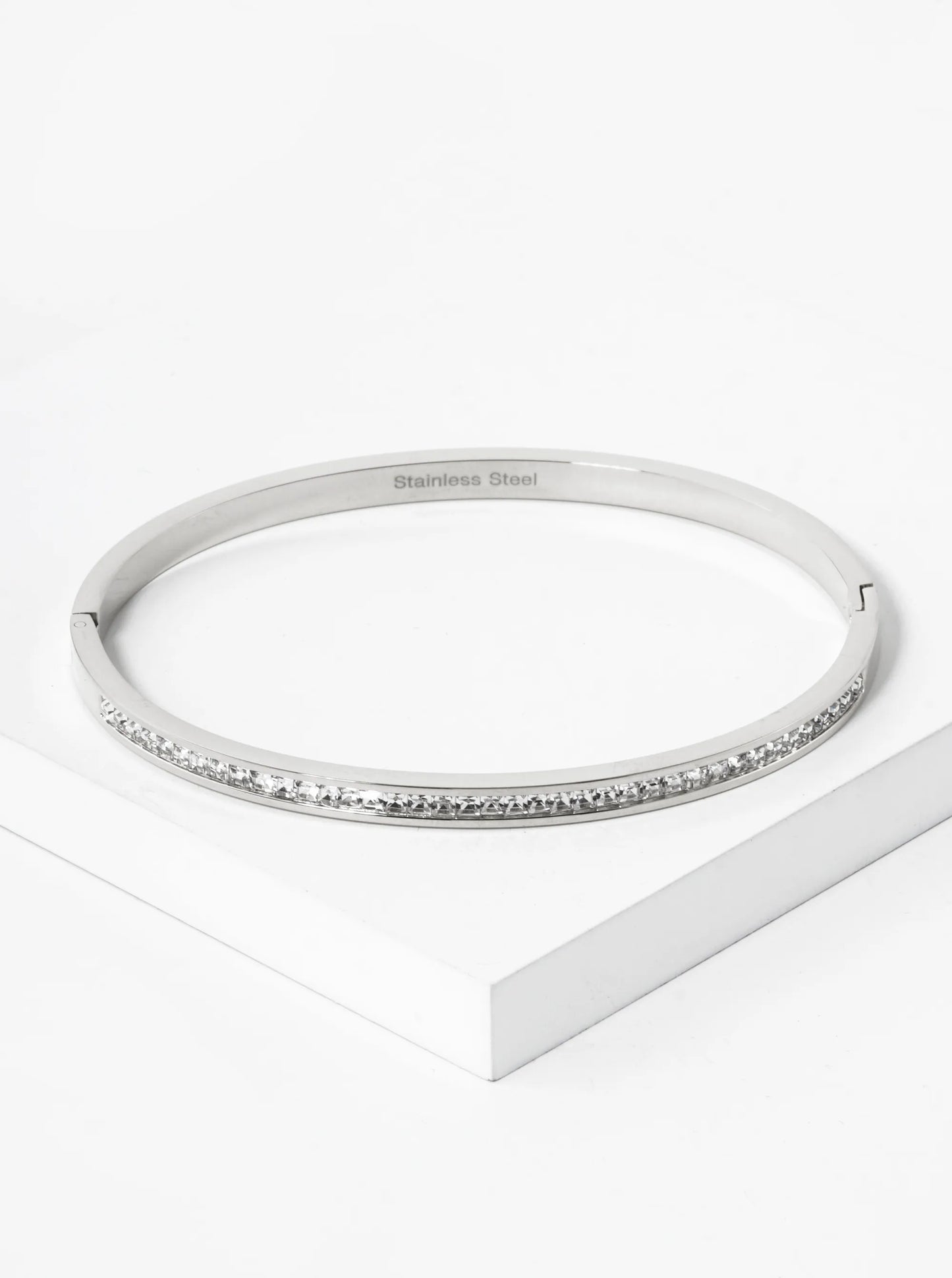 2mm Pave Set Square Cubic Zirconia 4mm Thick Stainless Steel Open Bangle Bracelet