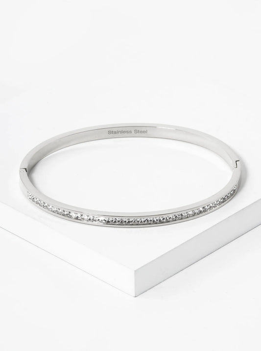 2mm Pave Set Square Cubic Zirconia 4mm Thick Stainless Steel Open Bangle Bracelet