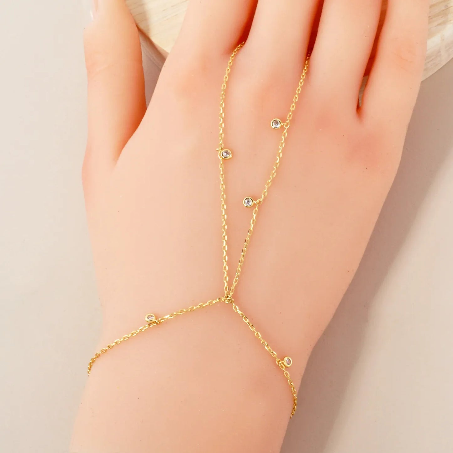 2mm Round CZ Charms 18K-Gold-Dipped Delicate Brass Hand-Chain Bracelet