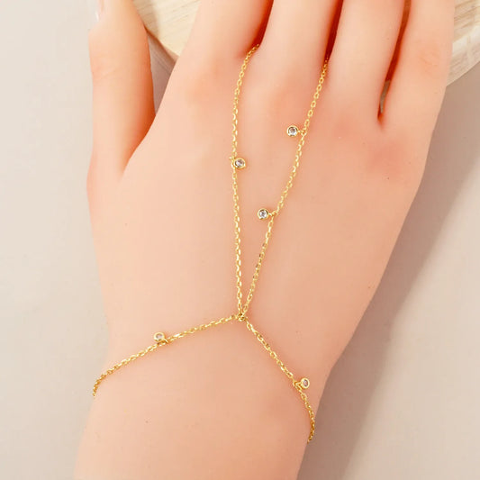 2mm Round CZ Charms 18K-Gold-Dipped Delicate Brass Hand-Chain Bracelet