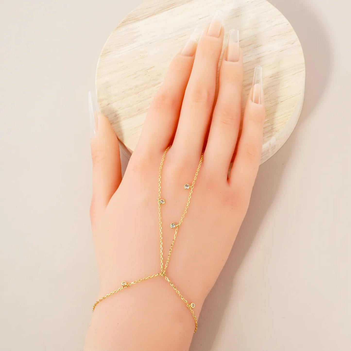 2mm Round CZ Charms 18K-Gold-Dipped Delicate Brass Hand-Chain Bracelet