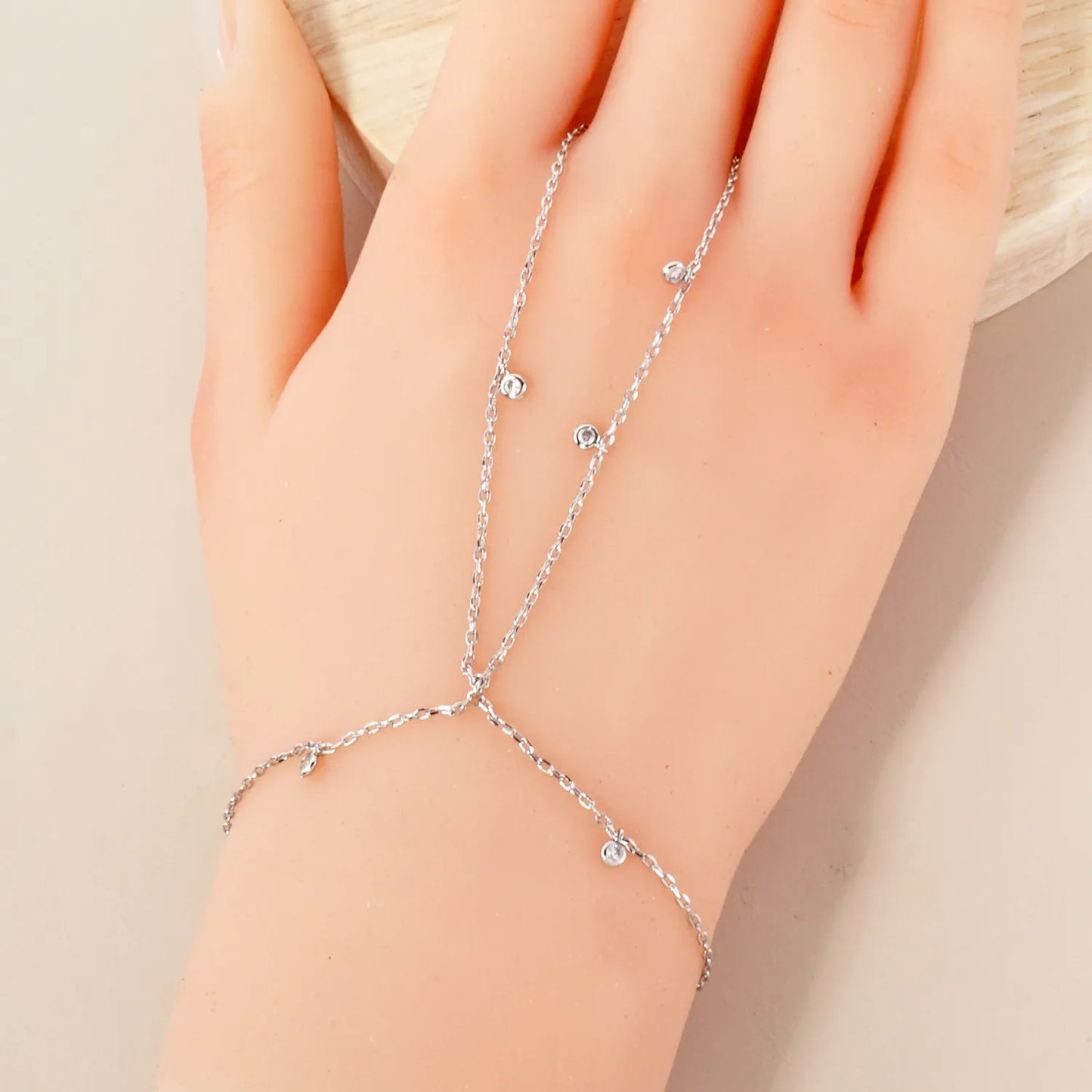 2mm Round CZ Charms 18K-Gold-Dipped Delicate Brass Hand-Chain Bracelet