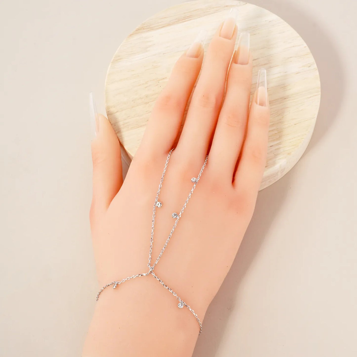 2mm Round CZ Charms 18K-Gold-Dipped Delicate Brass Hand-Chain Bracelet