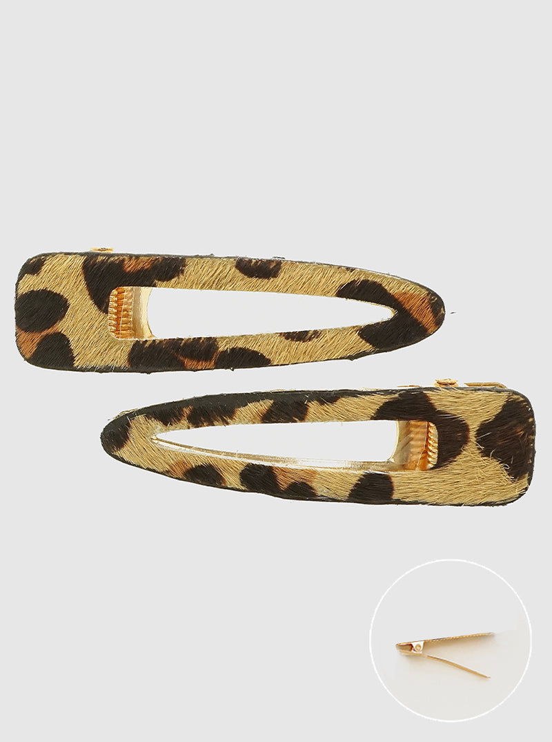 2PCS LEATHERETTE ARCRYLIC PUR HAIR PIN SET LEOPARD