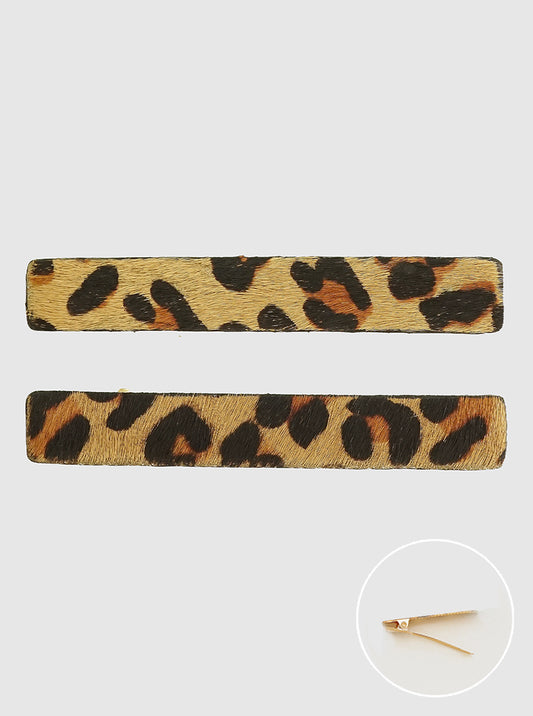 2PCS LEATHERETTE ARCRYLIC PUR SQUARE HAIR PIN SET LEOPARD