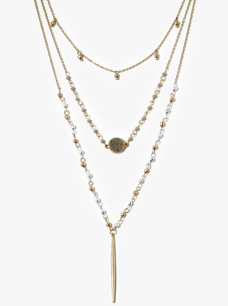 3 Layer Beaded Necklace With Round Druzy