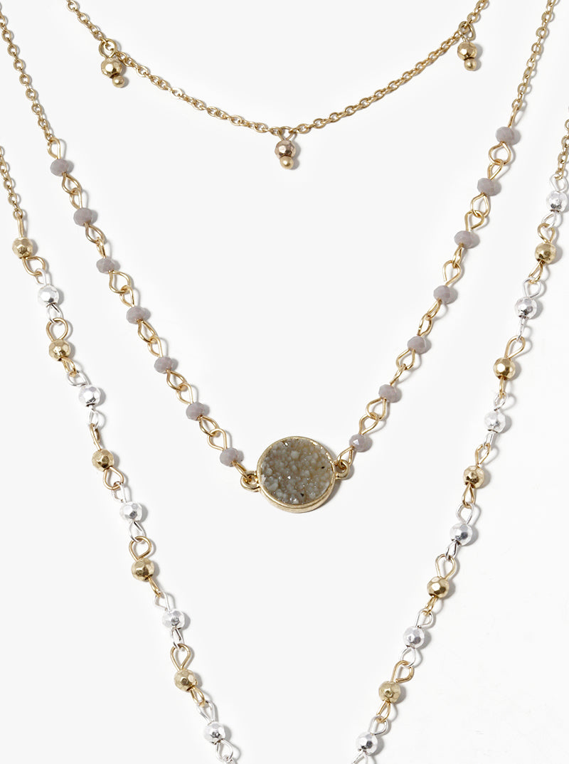 3 Layer Beaded Necklace With Round Druzy
