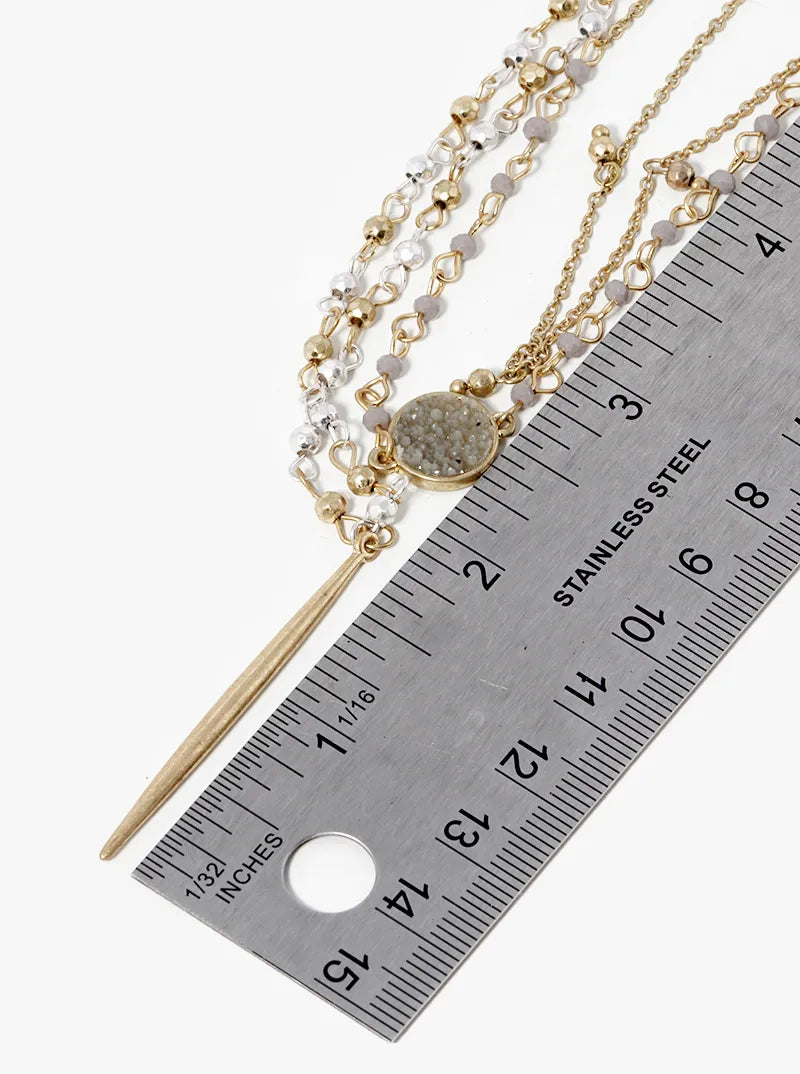 3 Layer Beaded Necklace With Round Druzy