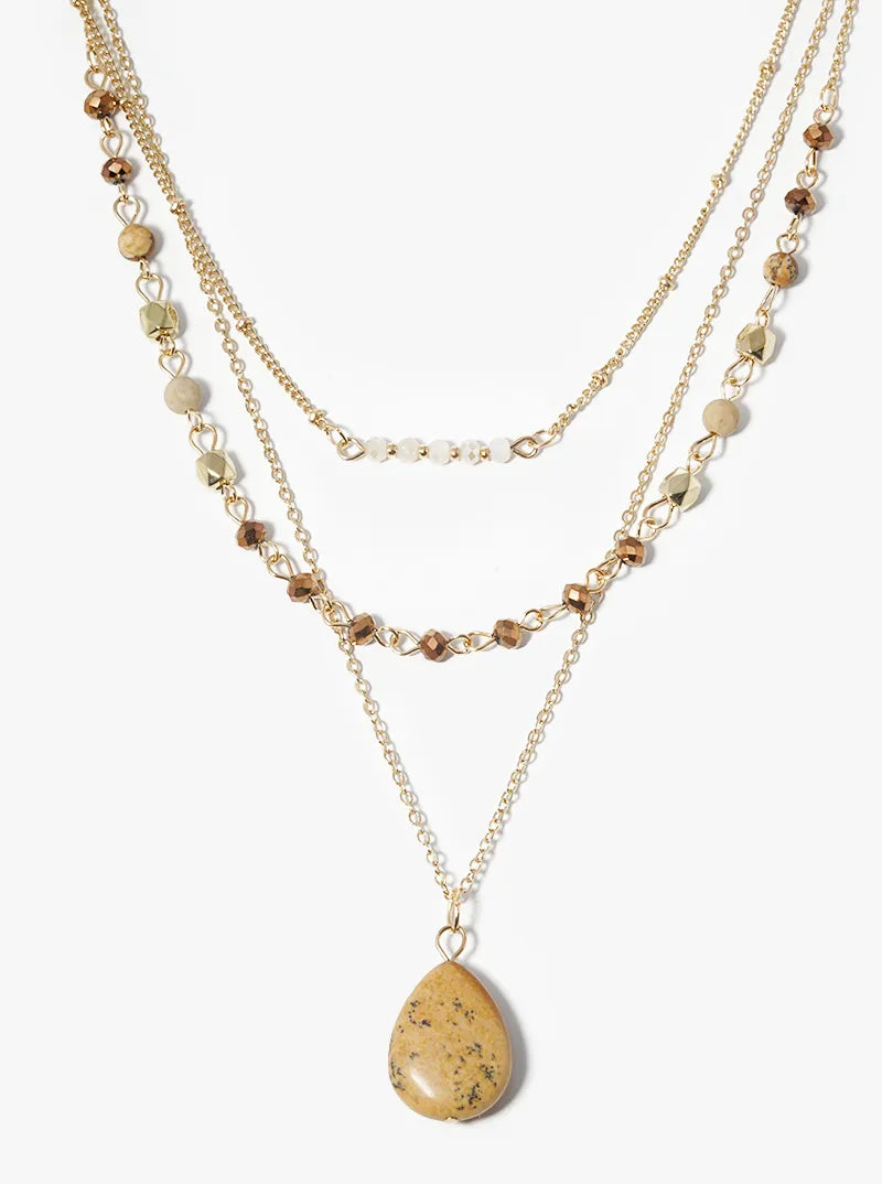 3 Layer Beaded Semiprecious Pear Shaped Pendant Necklace
