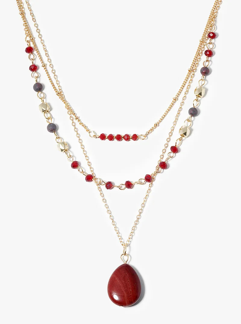 3 Layer Beaded Semiprecious Pear Shaped Pendant Necklace