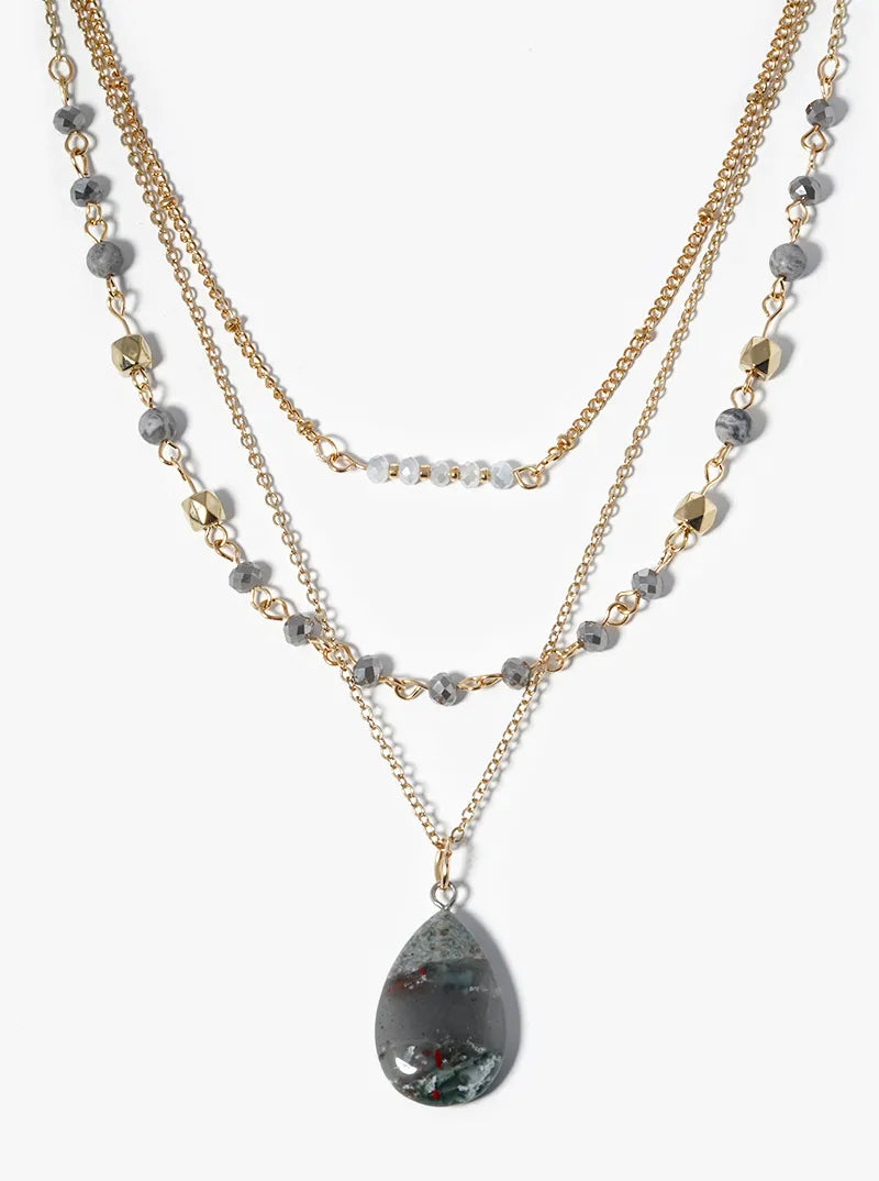 3 Layer Beaded Semiprecious Pear Shaped Pendant Necklace