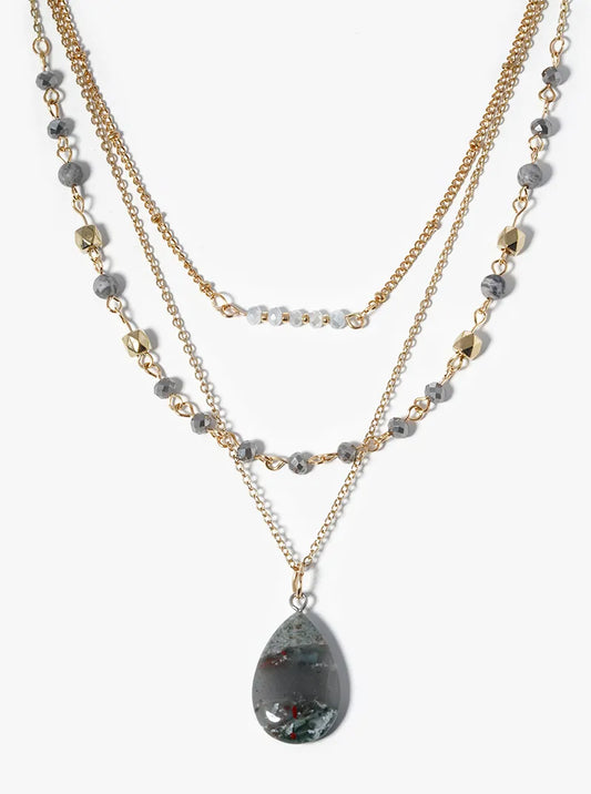 3 Layer Beaded Semiprecious Pear Shaped Pendant Necklace