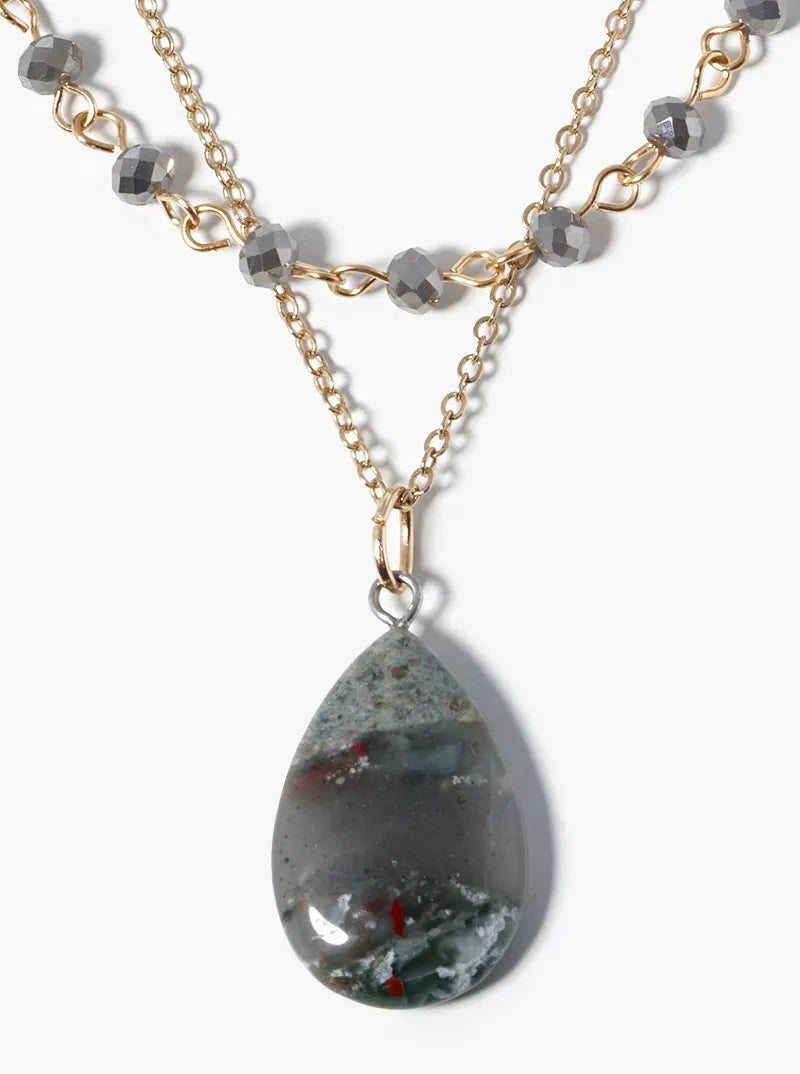 3 Layer Beaded Semiprecious Pear Shaped Pendant Necklace