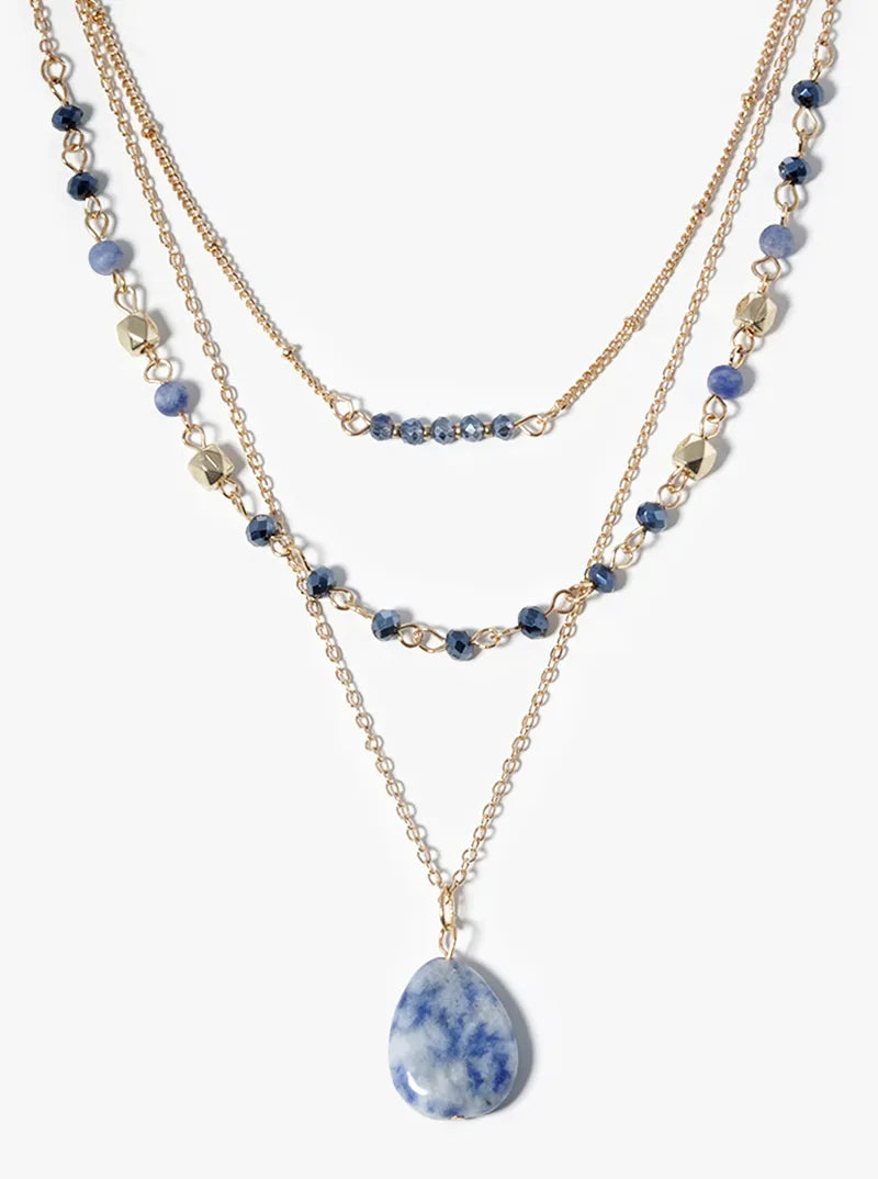 3 Layer Beaded Semiprecious Pear Shaped Pendant Necklace