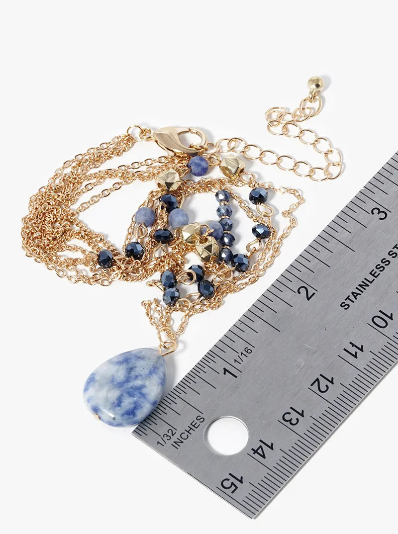 3 Layer Beaded Semiprecious Pear Shaped Pendant Necklace