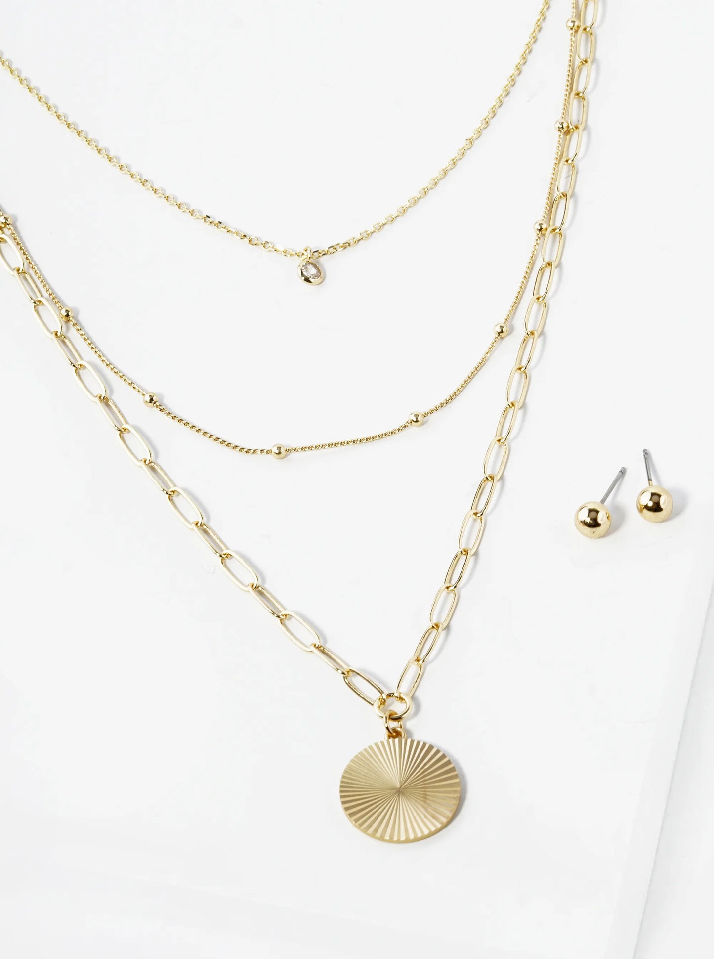 3 Layer Chain Necklace With Crystal And Fluted Circle Pendant Necklace