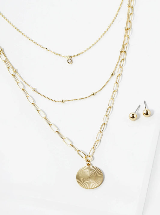3 Layer Chain Necklace With Crystal And Fluted Circle Pendant Necklace