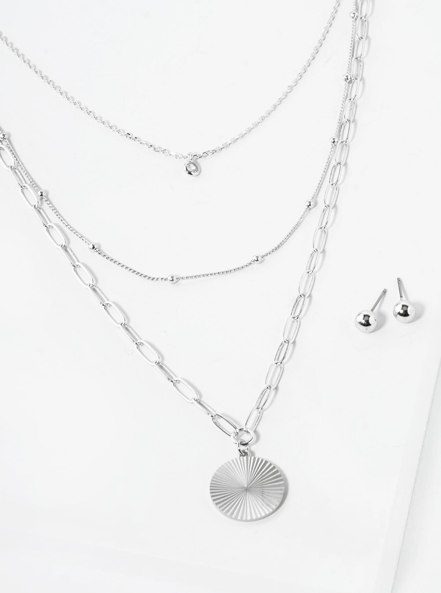 3 Layer Chain Necklace With Crystal And Fluted Circle Pendant Necklace