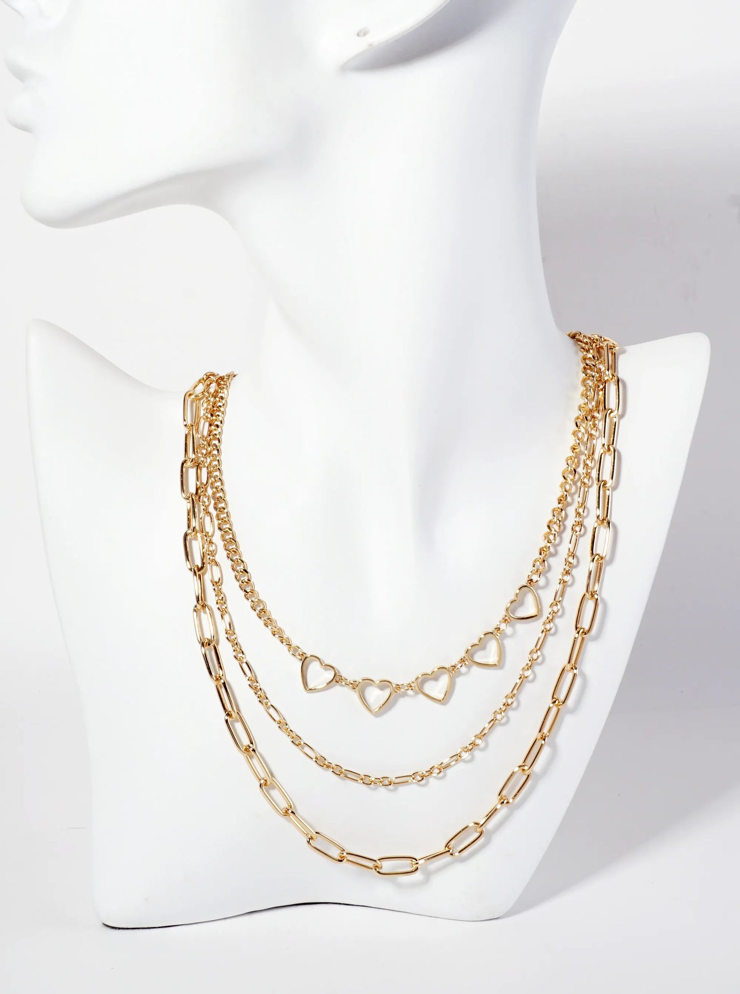 3-Layer Chain Necklace With Five Hearts