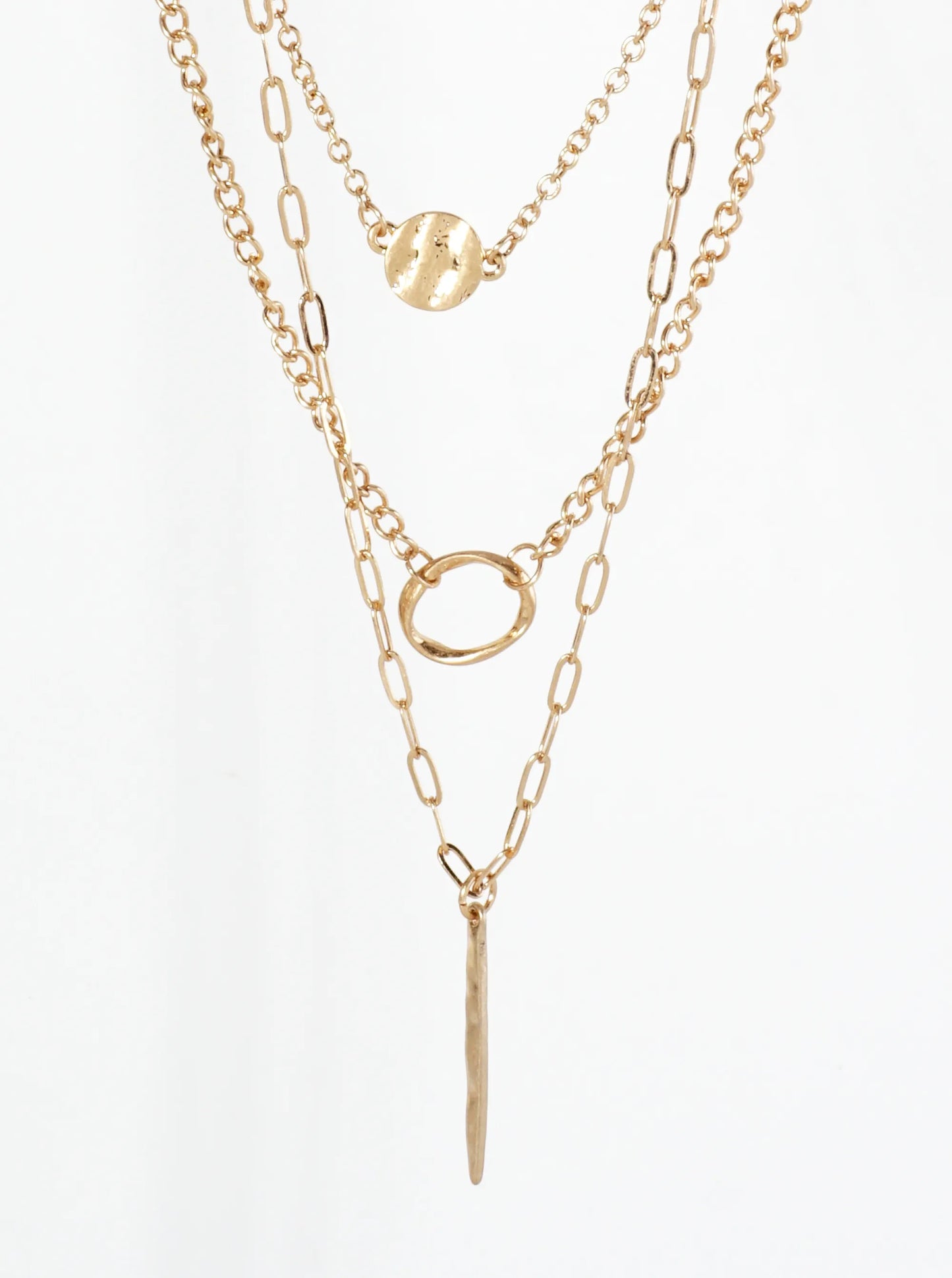 3-PC Hammer Textured Pendant Layered Necklace Set