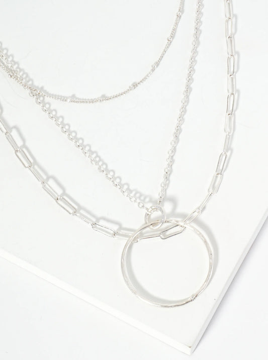 3-PC Hammered Circle Pendant Necklace Set With Chains