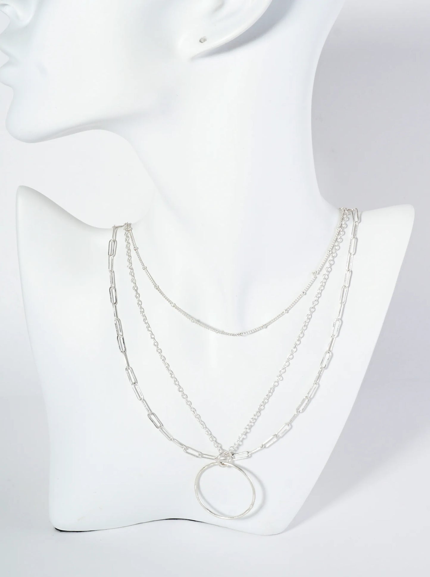 3-PC Hammered Circle Pendant Necklace Set With Chains