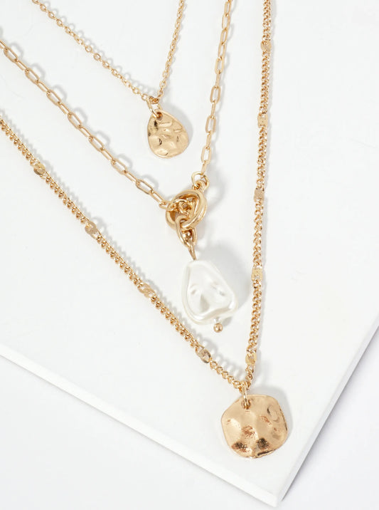 3-PC Hammered Round Teardrop Pearl Pendant Chain Necklace Set