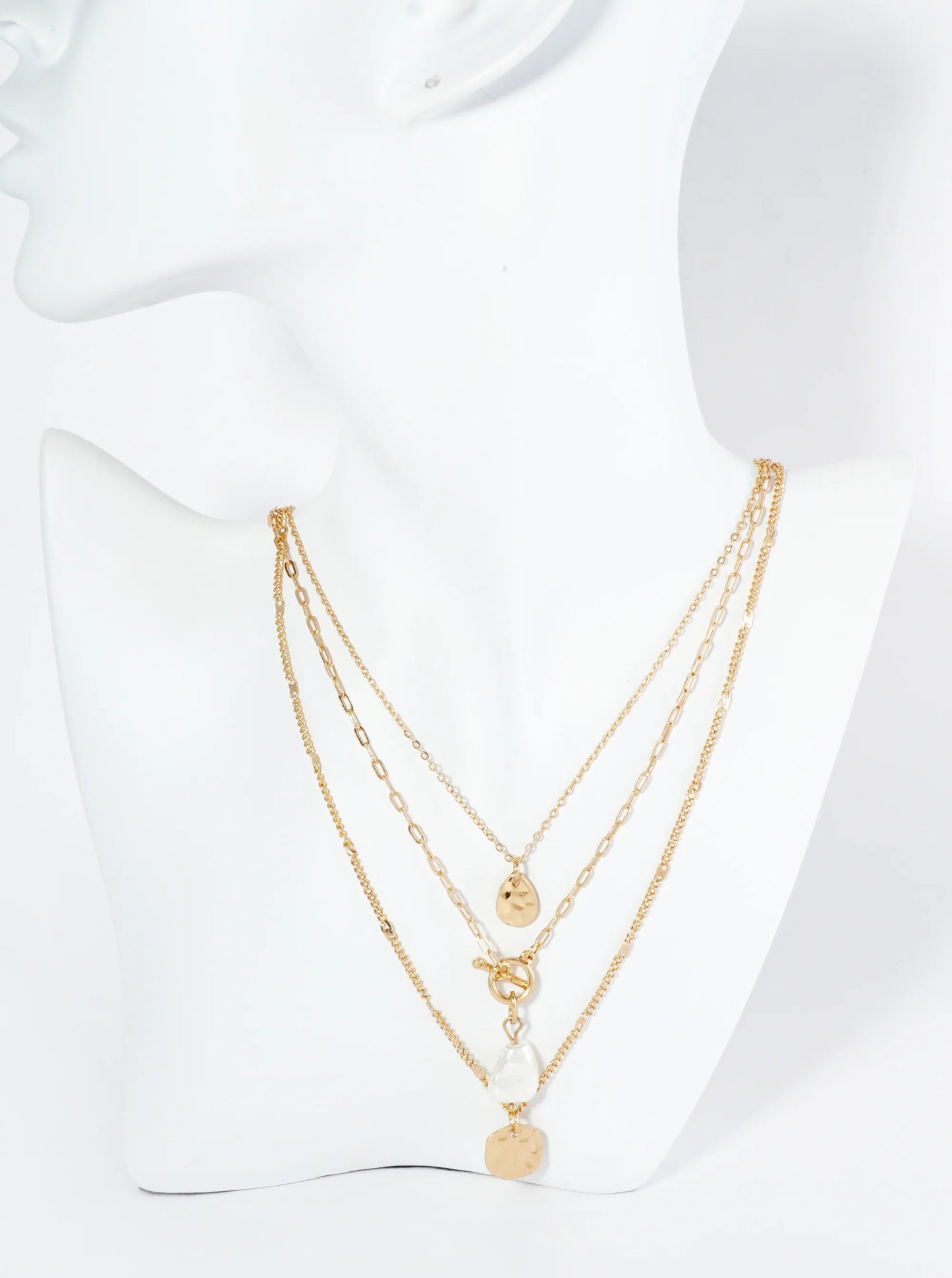 3-PC Hammered Round Teardrop Pearl Pendant Chain Necklace Set
