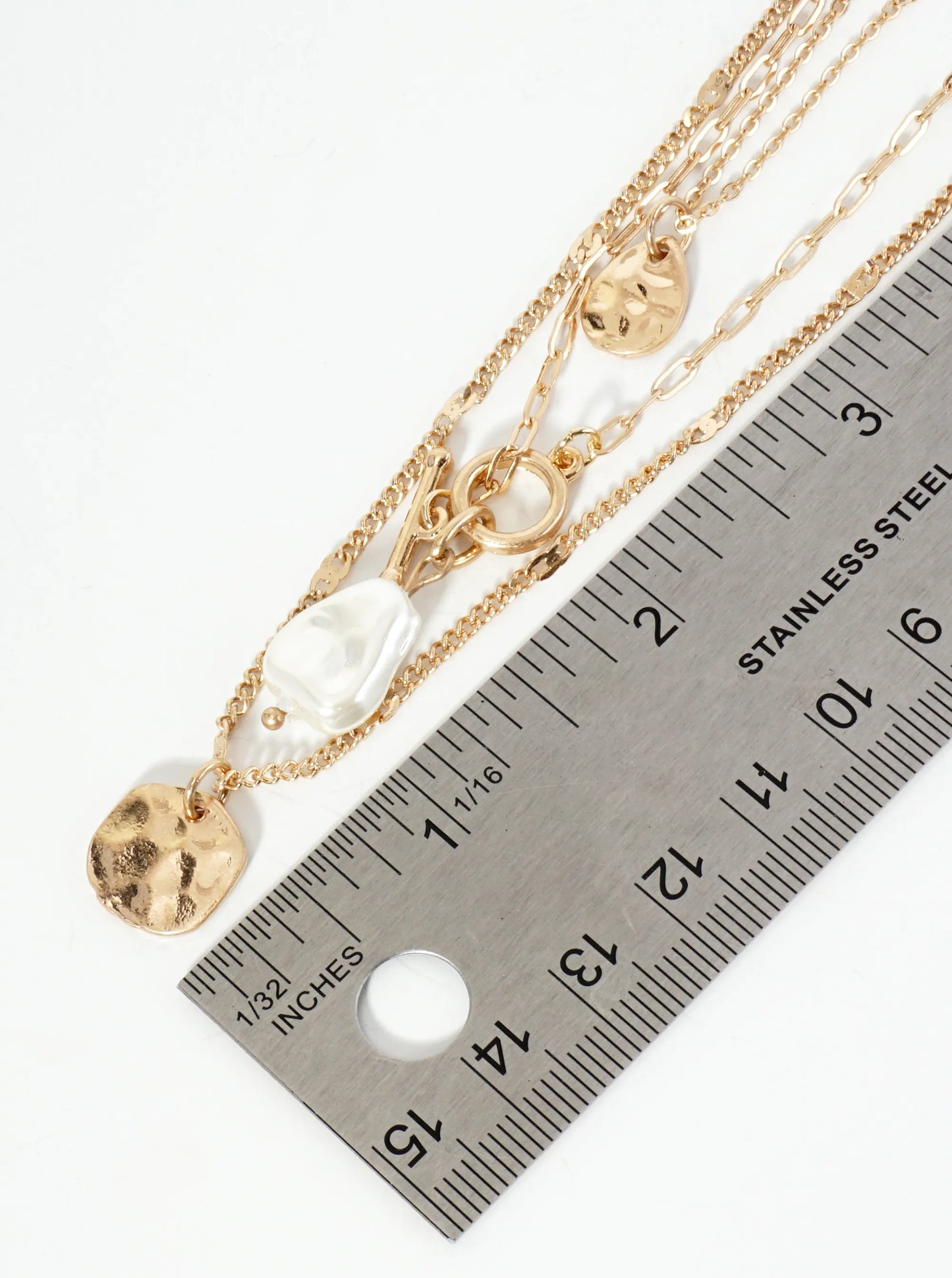 3-PC Hammered Round Teardrop Pearl Pendant Chain Necklace Set