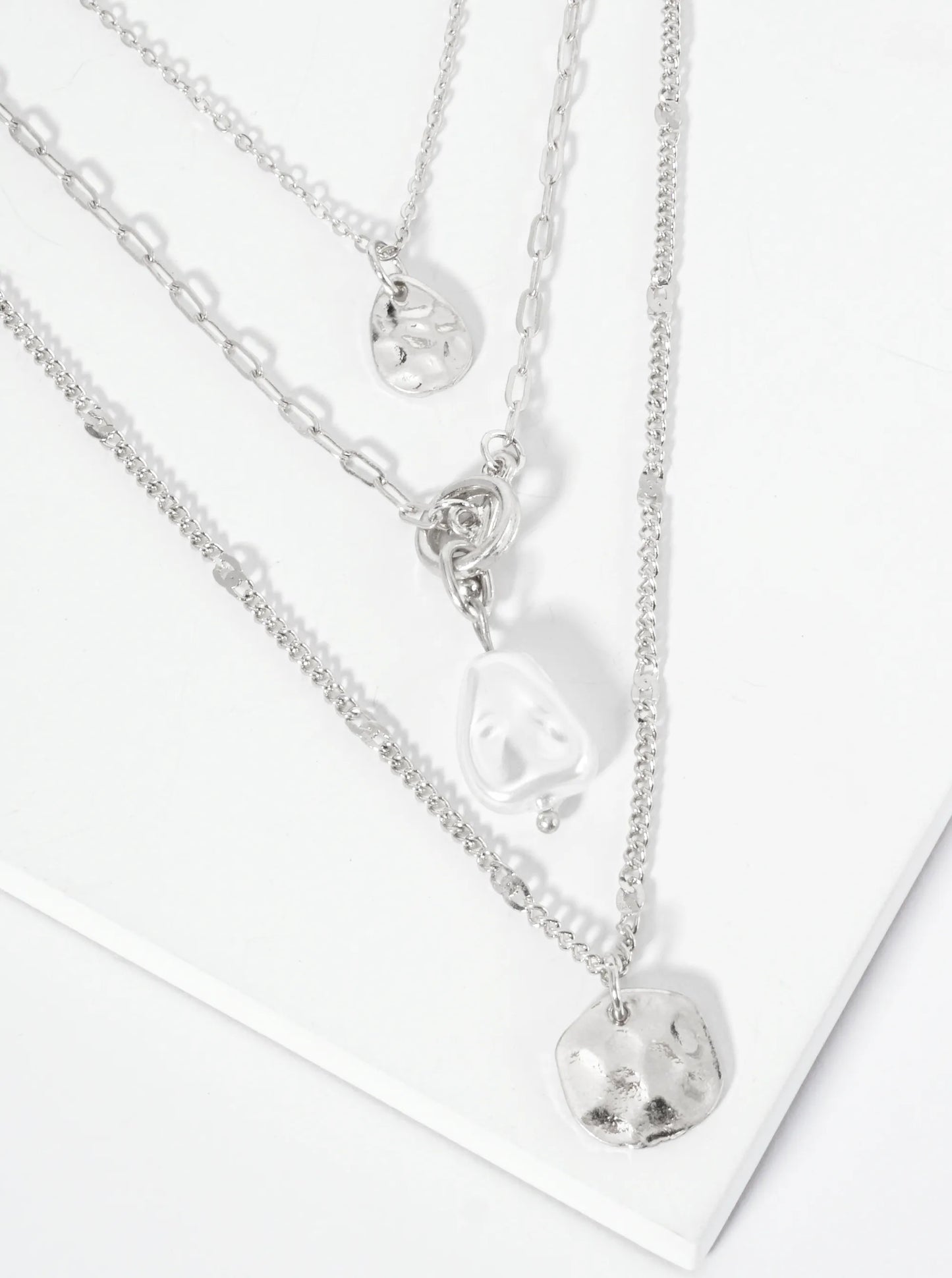3-PC Hammered Round Teardrop Pearl Pendant Chain Necklace Set