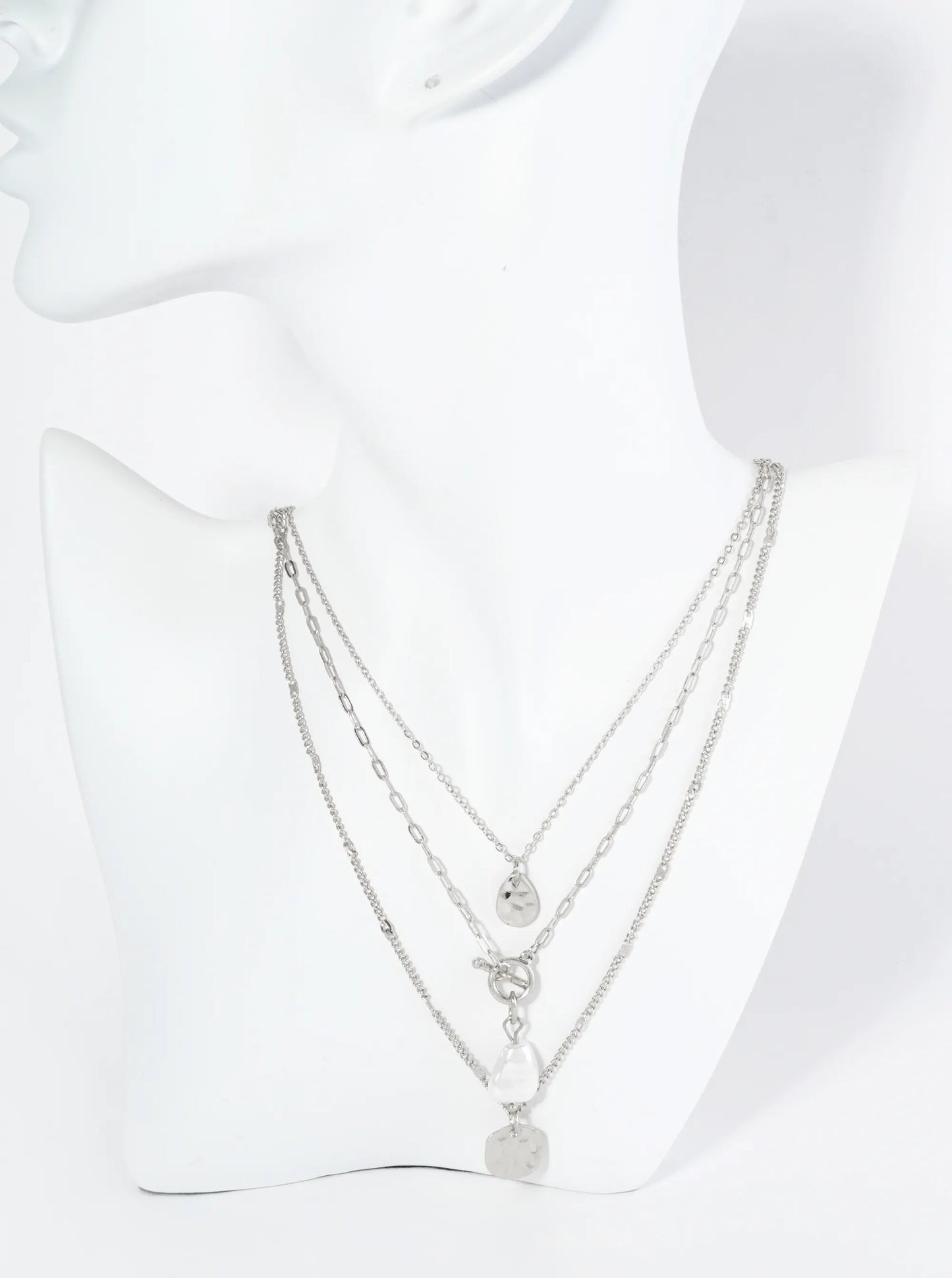 3-PC Hammered Round Teardrop Pearl Pendant Chain Necklace Set