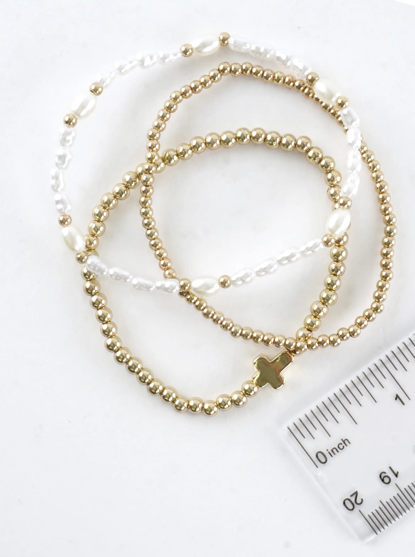 3 PC Set Brass Cross Pearl Stretch Bracelets