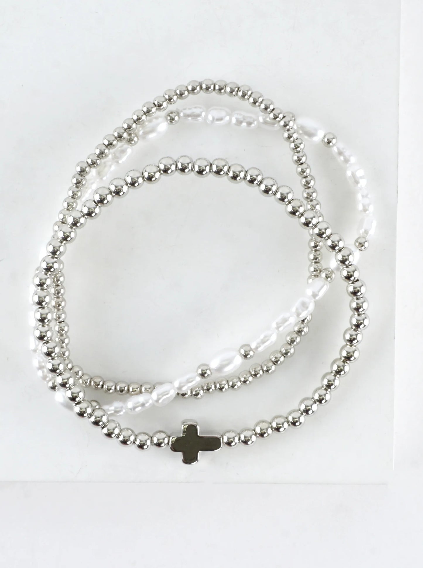 3 PC Set Brass Cross Pearl Stretch Bracelets