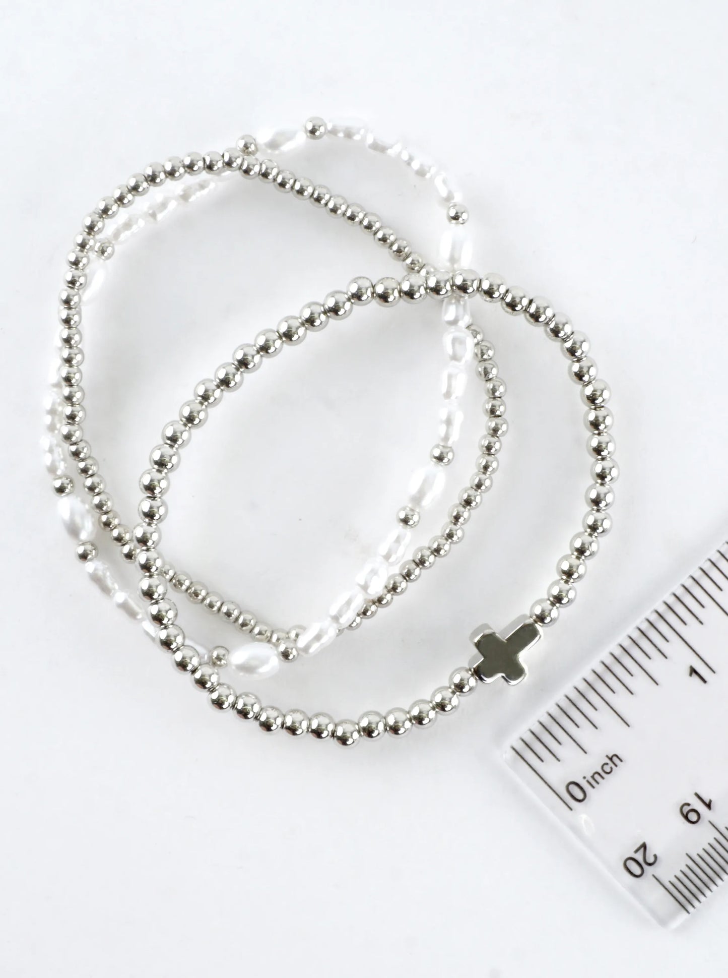 3 PC Set Brass Cross Pearl Stretch Bracelets