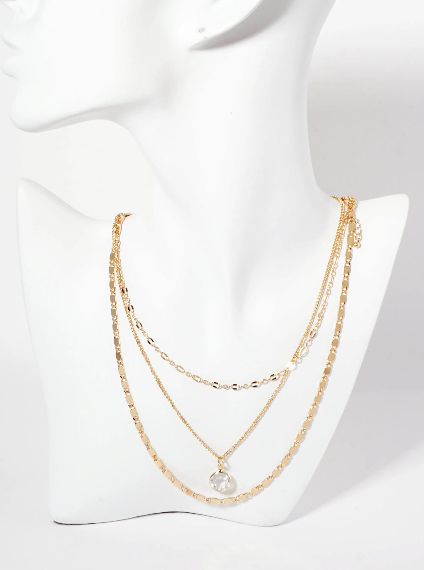 3-PC-Set Clear-Stone Pendant Multi-Chain Layered Necklace