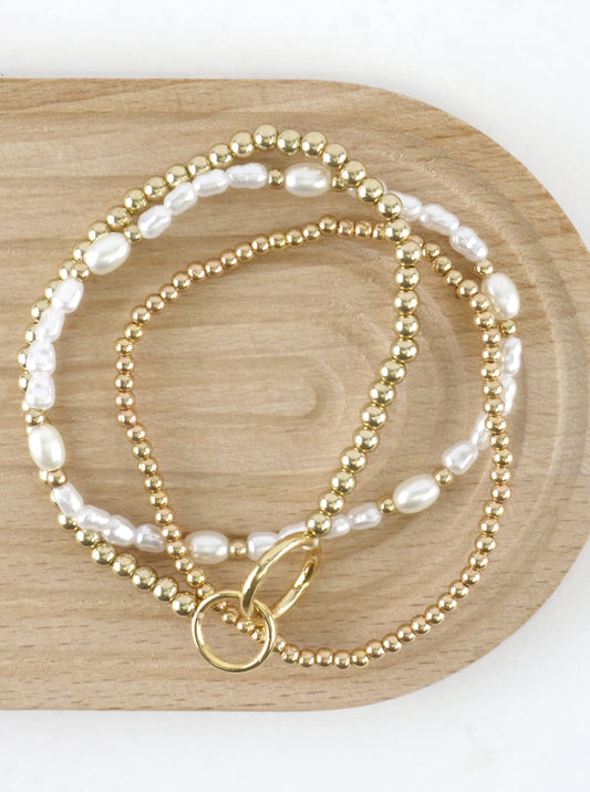 3 PC Set Double Ring Pearl Stretch Bracelets