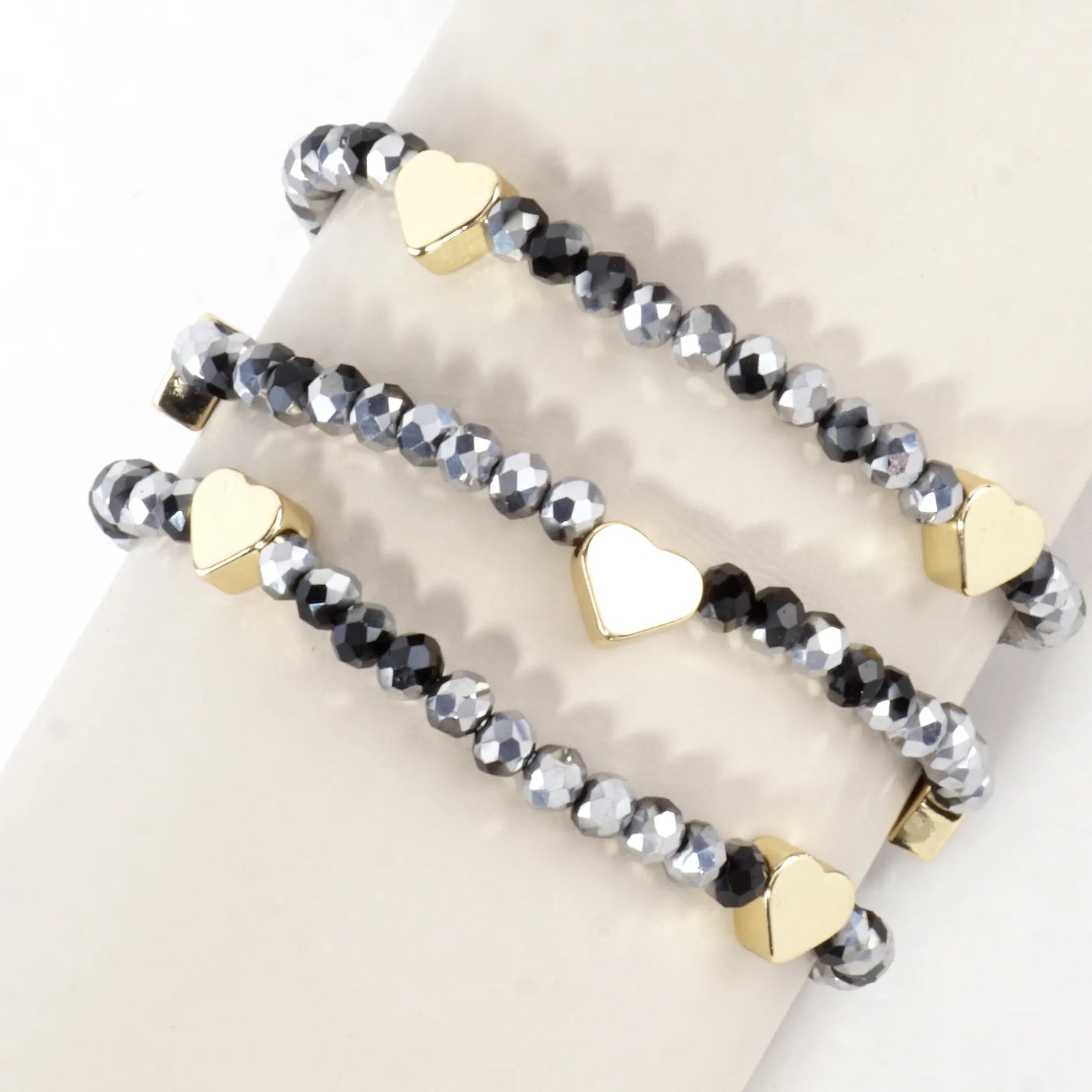 3-PC Set Faceted Glass Beads Hearts Stretch Bracelets