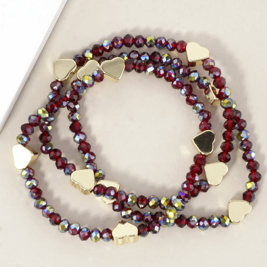 3-PC Set Faceted Glass Beads Hearts Stretch Bracelets