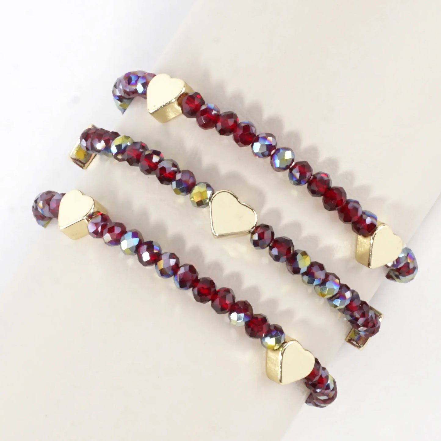 3-PC Set Faceted Glass Beads Hearts Stretch Bracelets