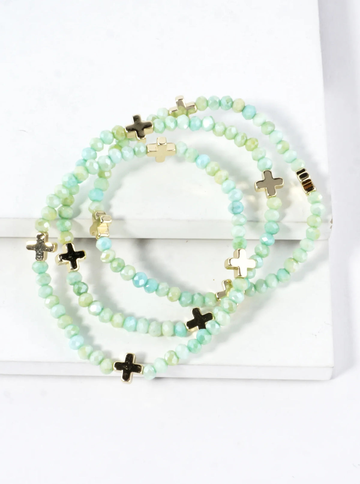 3-PC Set Faceted Glass Cross Stretch Bracelets